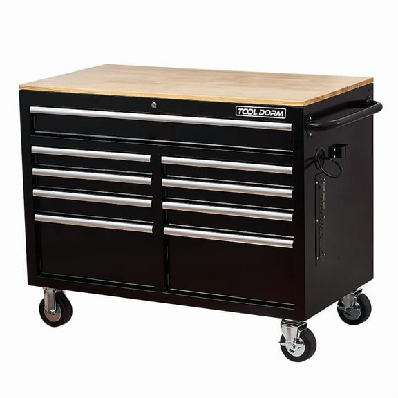 Rolling Tool Chest Extra-Deep 46In 9-Drawers, Mobile Tool Storage Cabinet/Work Bench with Wooden Top/Power Strip, Equipped with Casters, Handle, Liner, and Locking System, 1200 lbs Capacity
