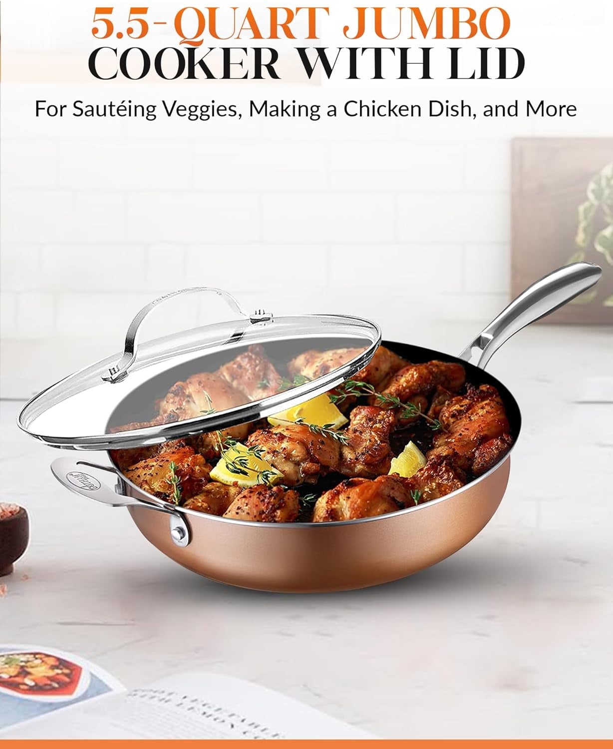 Gotham Steel 5.5 Qt Saute Pan with Lid, Diamond Reinforced Ceramic Nonstick Deep Frying Pan, Large Jumbo Cooker Frying Skillet with Stay Cool Handles, Oven & Dishwasher Safe, Brown