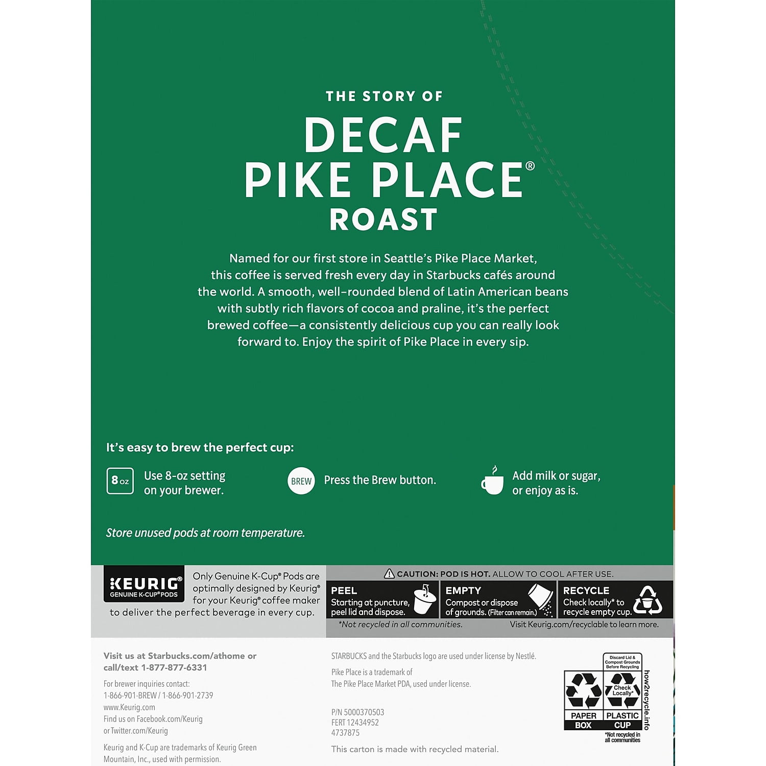 Starbucks Pike Place Decaf Coffee K-Cup Pods Medium Roast 24/Box (9573) 100684