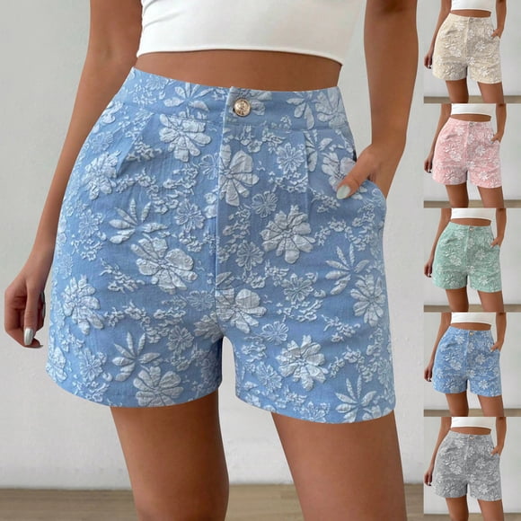 UNITWRY Summer Shorts for Women Floral Jacquard High Waist Button Closure Shorts Vacation Casual Loose Straight Leg Shorts