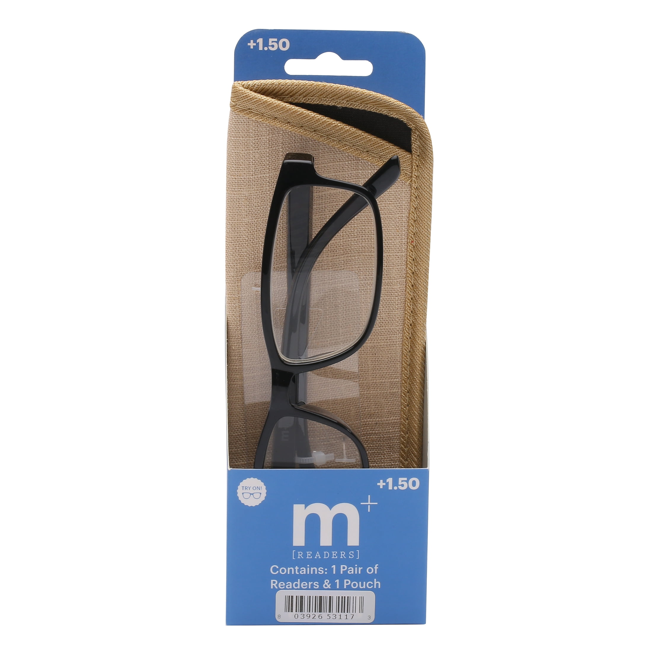 M+ Mens Rectangular Plastic Reading Glasses 1.50 Frazier in Classic Black