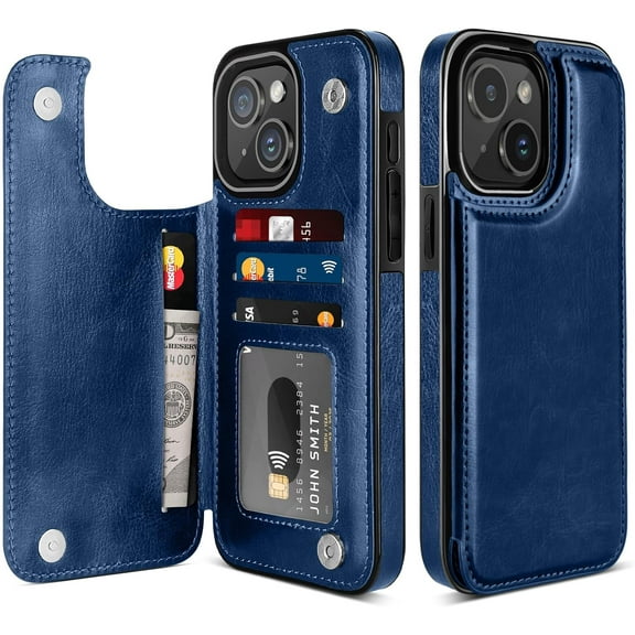 Compatible with iPhone 15 Plus Case Wallet 4 Card Holder PU Leather Kickstand Flip Card Slot Case Magnetic Clasp RFID Block Protective Shockproof Cover Case for iPhone 15 Plus 6.7'' 2023 Blue