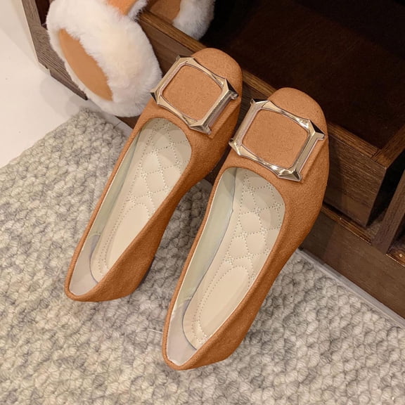 CQONEPT Large Size Flat Shoes for Womens Shallow Mouth Casual Buckle Square Toe for Work Everyday Suede Loafers Brown 42