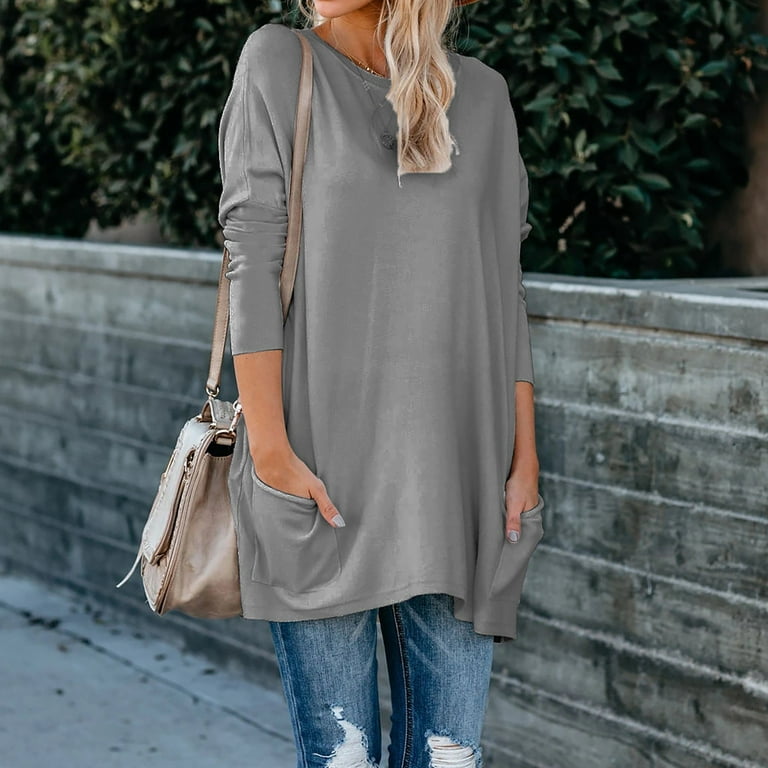 Tunic Tops to Wear with Leggings for Women Casual Crewneck Long Sleeve  Shirts Plus Size Fall Spring Blouse with Pockets