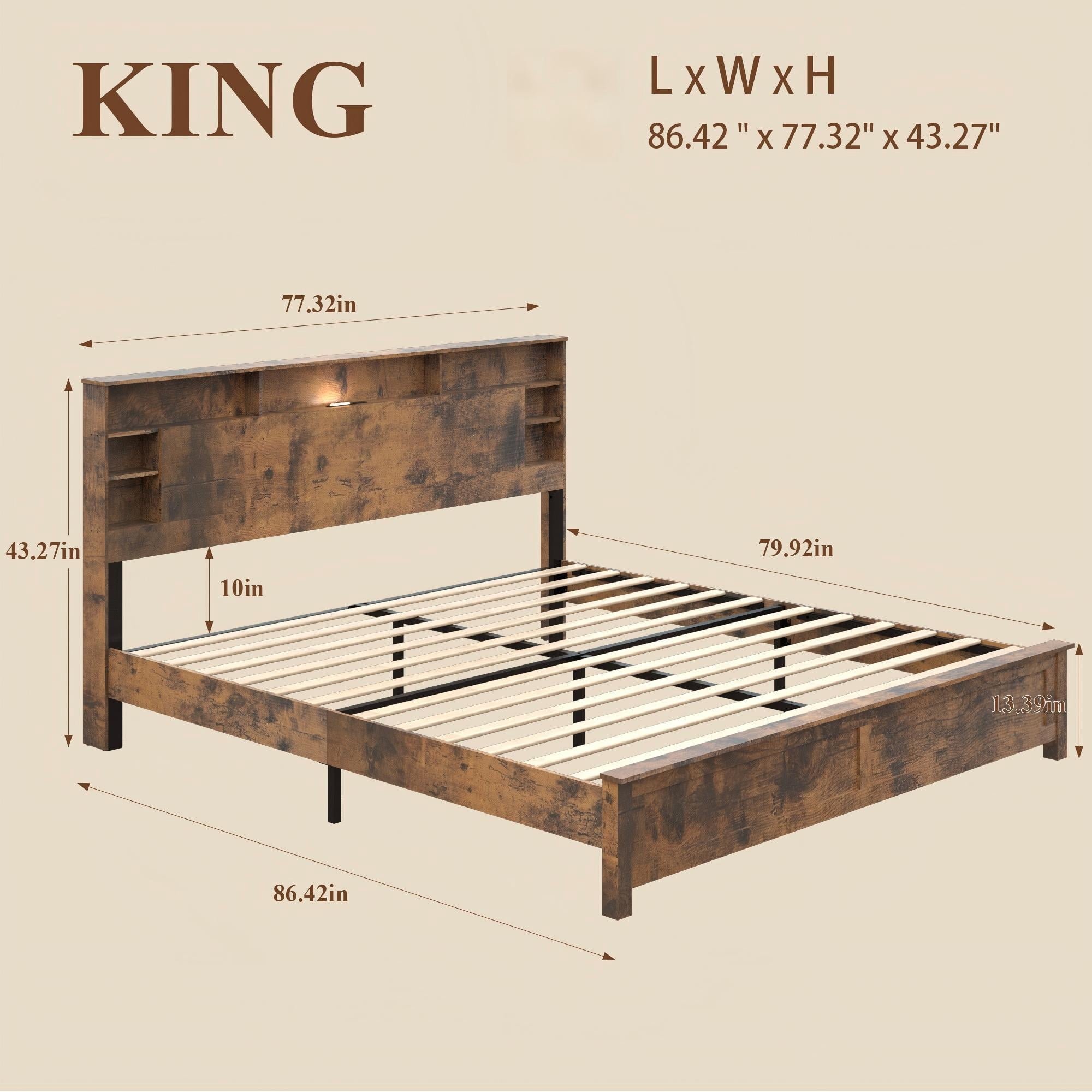 Aukfa King Size Bed Frame with Charging Station, Storage Headboard & LED Lights, Farmhouse Wood Platform Bed, Brown