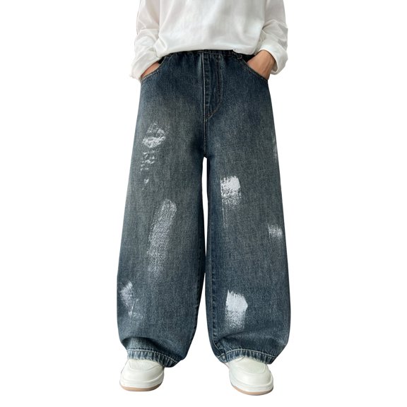 Otqutp Boys Distressed Baggy Jeans Pull‑on Elastic Waist Denim Pants with Paint‑Splash Print Kids Vintage Wide Leg Bottoms