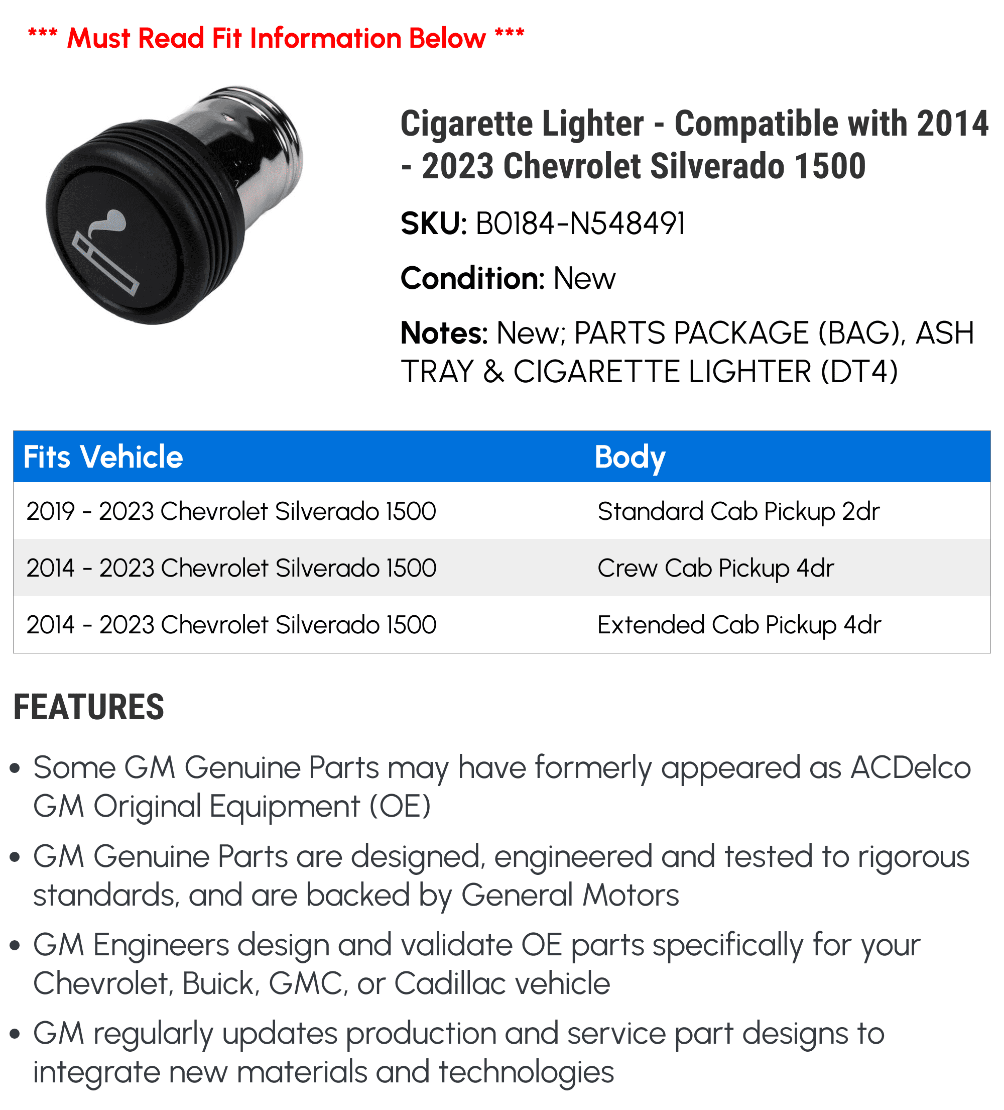Cigarette Lighter - Compatible with 2014