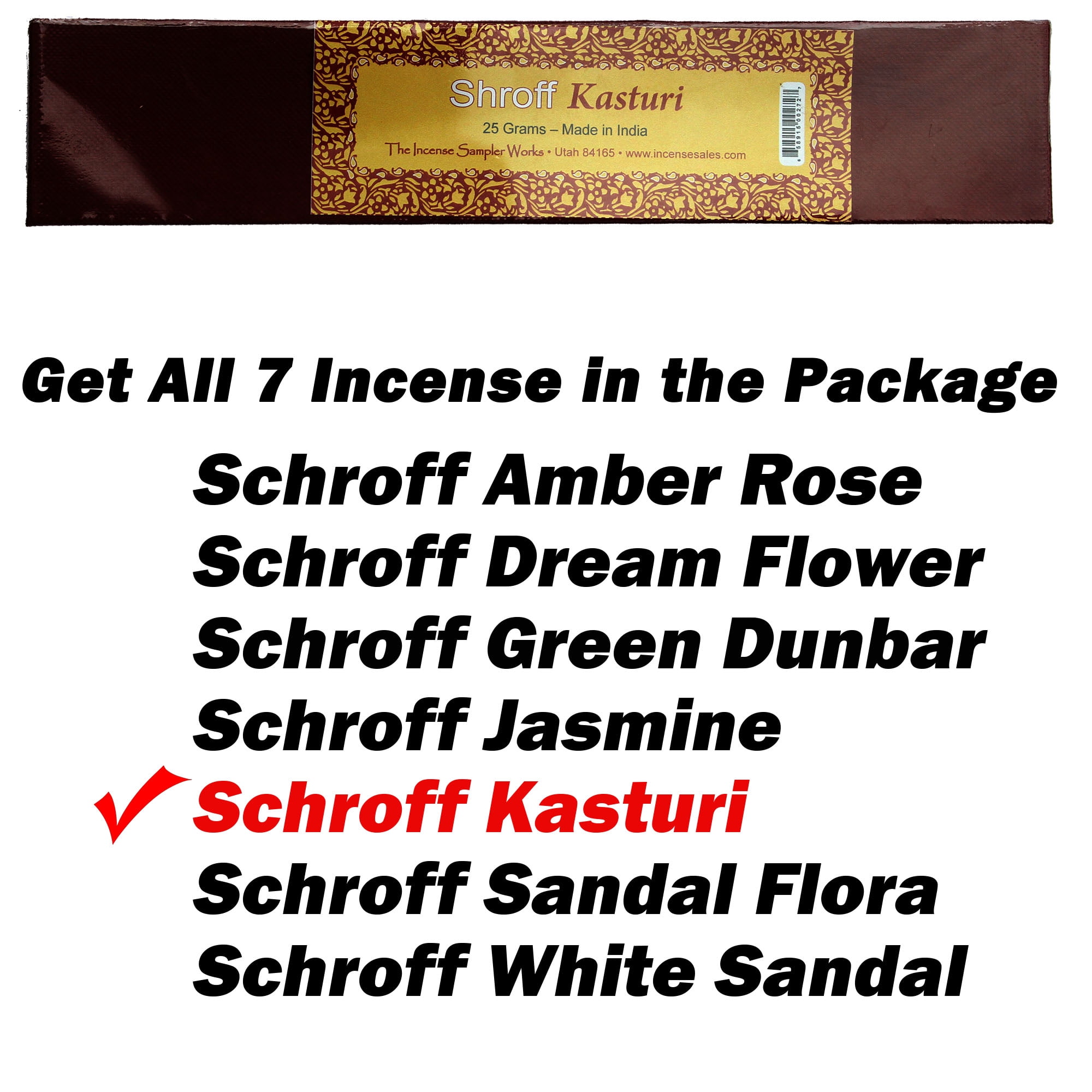 Shroff Incense Combo Pack - 7 Scents - Amber Rose - Dream Flower - Green Dunbar - Jasmin 1940 - Kasturi - Sandal Flora - White Sandal