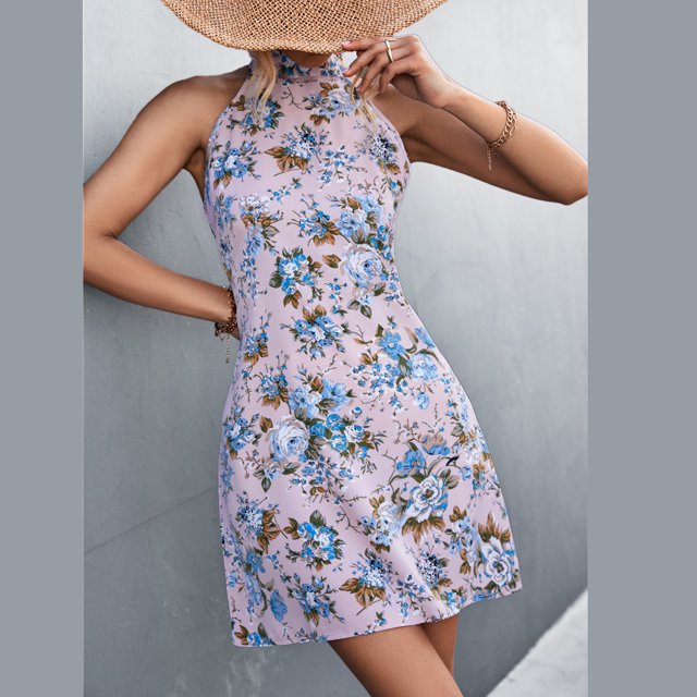 Vestido Corto Con Cuello Halter, Estampado Floral, Cómodo, Ajustado, Sin Mangas, Vestido Corto Para Playas Para Mujeres