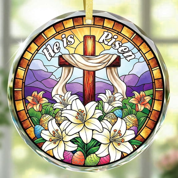 WaaHome He is Risen Easter Decor - Glass Easter Cross Ornament for Tree Decorations, Religious Christian Gifts for Women Men Kids, Catholic Gifts, Suncatcher and Easter Basket Stuffers