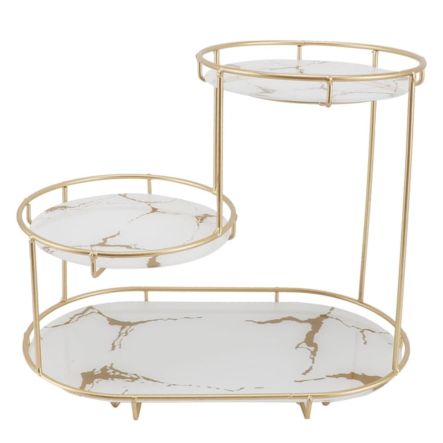 Makeup Shelf Organizer Iron Glass Stylish Modern Bathroom Countertop Organizer for Cosmetic Perfume Skincare White Background