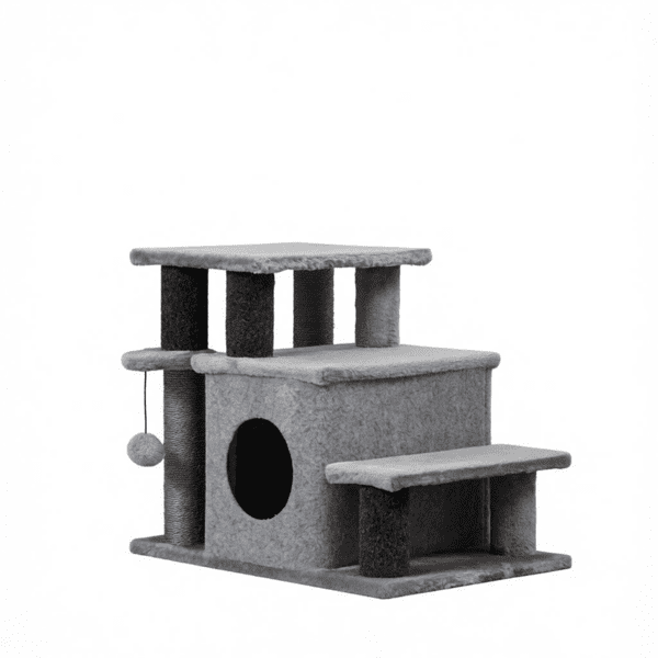 Adjustable Cat Stairs with Scratching Post & Toy Ball, 3/4-Step Design, for Bed & Sofa