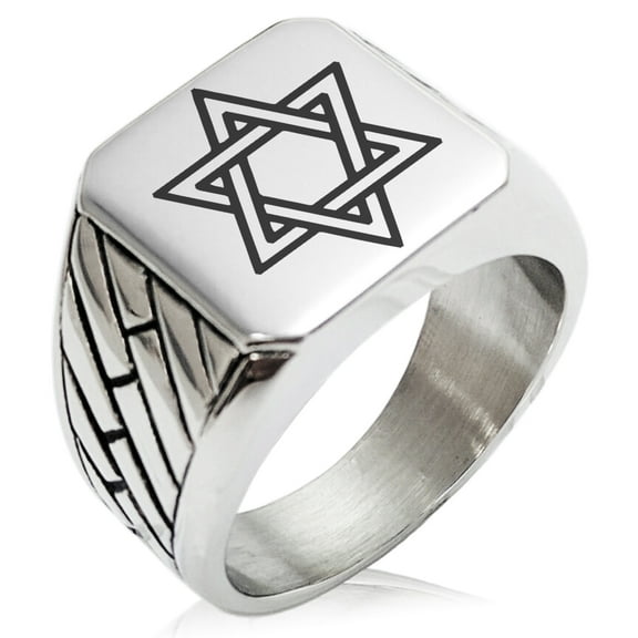 Tioneer Stainless Steel Interlocking Hexagram Star of David Geometric Pattern Biker Style Polished Ring