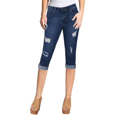 2Luver, Women's, Stretchy 5 Pocket Skinny Mid Rise Capri Ripped Medium Denim Jeans, Denim Blue, 9