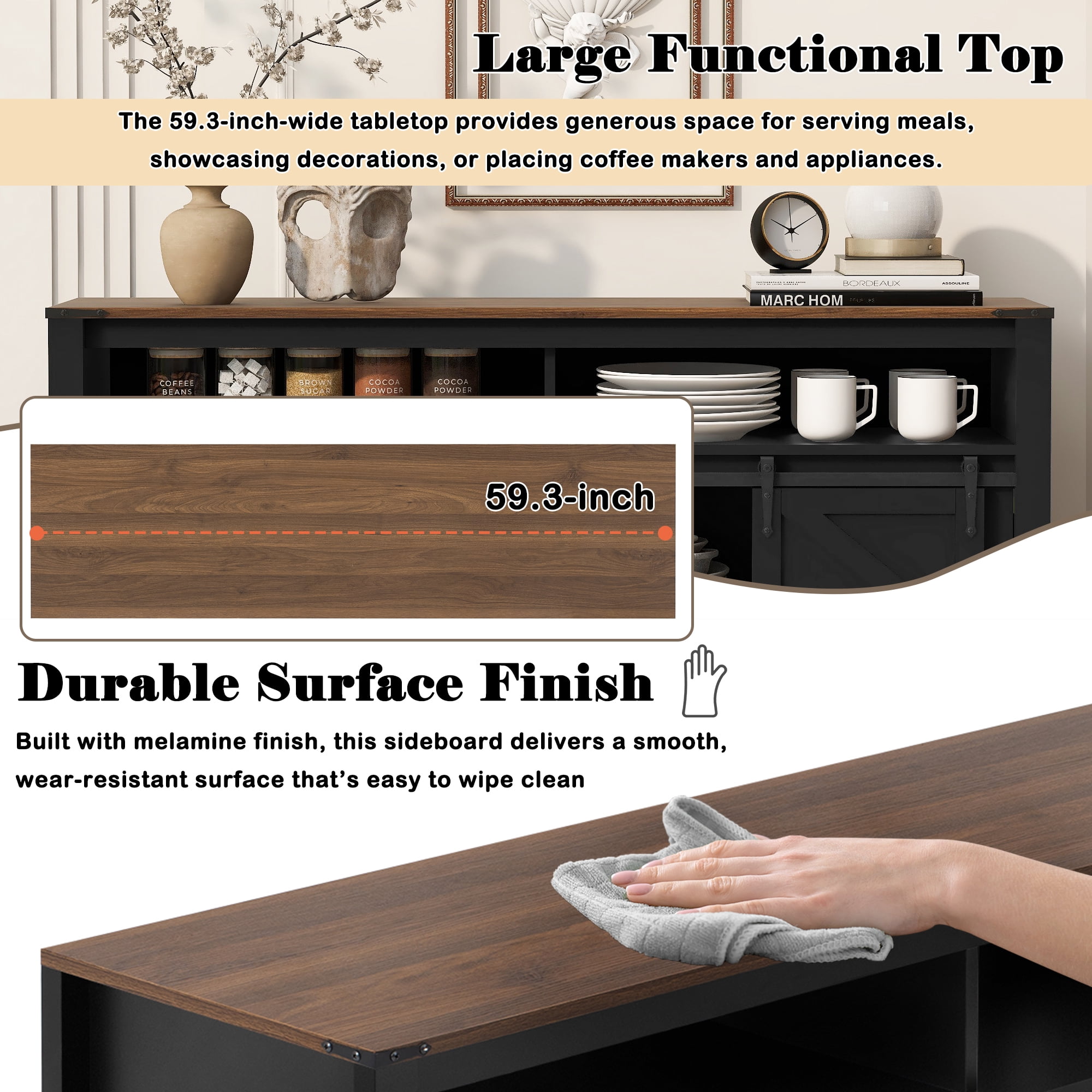 Aukfa 59.3" Sideboard Buffet Cabinet w/Mesh Panel Doors,Large Storage Cabinet for Kitchen Dining Living Room,Black