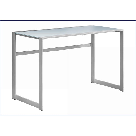 Desks, 48”L Modern Home Office Computer Desk – Frosted White Glass Top, Silver Metal Legs | Tempered Glass | Silver