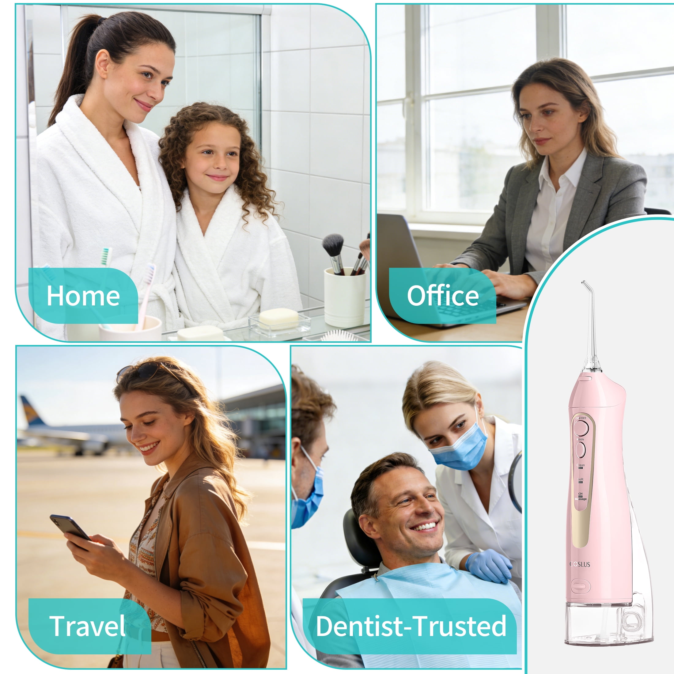 COSLUS CX20 Water Dental Flosser Teeth Pick,300ML Tank IPX7 Waterproof Portable Rechargeable Water Flosser Dental Oral Irrigator for Home and Travel Pink