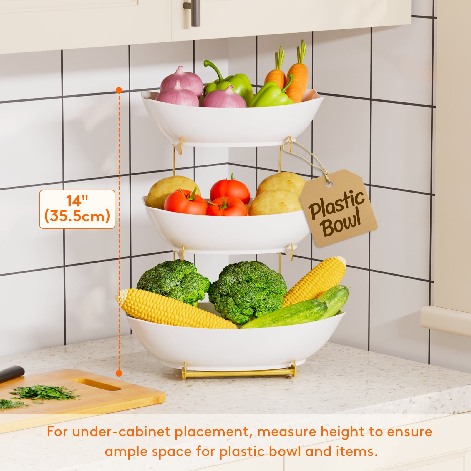 Lifewit Plastic Fruit Bowl Basket for Kitchen Countertop, 3 Tier Fruit Holder with Gold Metal Stand, Serving Tray for Food, Vegetable, Cake, Dessert in Party