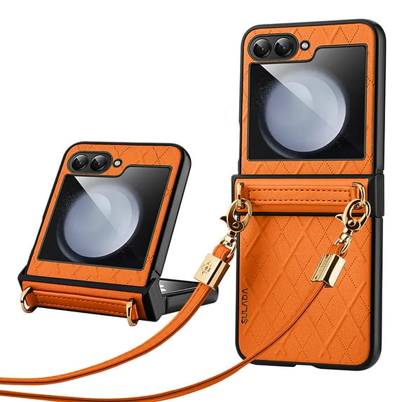 Allytech Galaxy Z Flip5 Case with Build in Screen Protector, Crossbody Shoulder Strap Premium PU Leather Shockproof Anti-Scratch Protective Phone Case Cover for Samsung Galaxy Z Flip5 - Orange