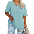 thumbnail image 2 of vigerkar Women's V Neck T Shirts Summer Half Sleeve Tees Casual Loose Fit Cotton Tunic Tops Light Blue, L, 2 of 4