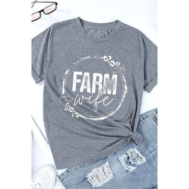 ABPHQTO Camiseta estampada de manga corta informal gris Farm Wife para mujer