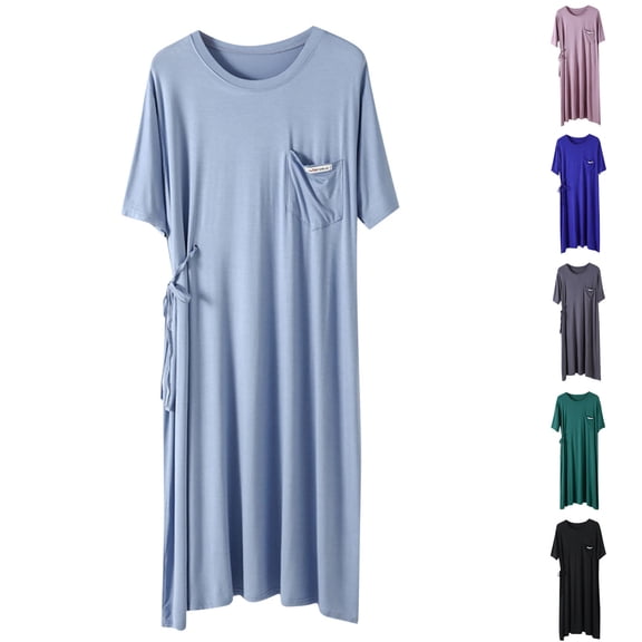 YHAJDS Sleep Dress for Women Large Size Solid Color Round Neck Pocket Short Sleeve Long Nightgown