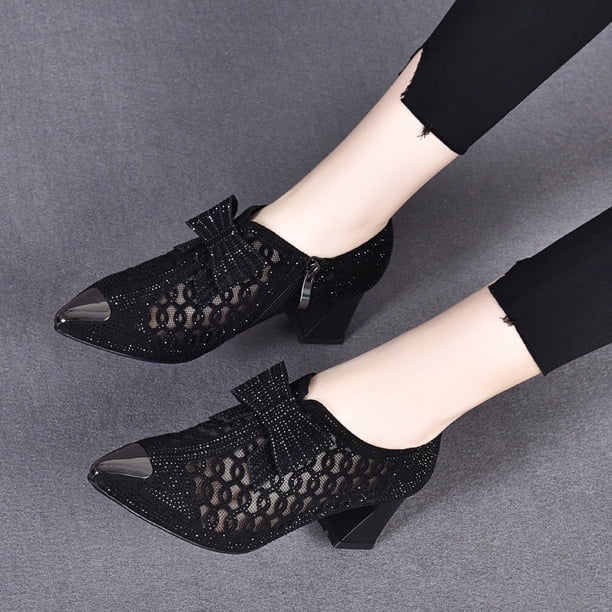 Sandalias huecas de malla con lazo y cremallera lateral con diamantes de imitación cómodas y transpirables para mujer Wmkox8yii shkj914