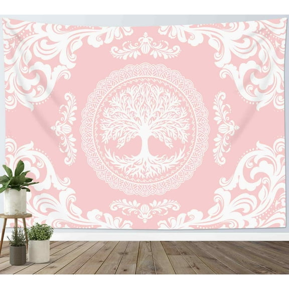 HVEST Boho Mandala Pink Tapestry Wall Hanging Cute Pastel Aesthetic Wall Tapestry for Girls Bedroom Pink and White Tapestry for Living Room College Dorm Home Decor,60x40 inch