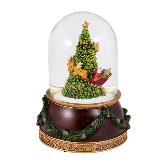 Santa in Sleigh with Reindeer Flying Around Christmas Tree Musical Snow Globe Glitterdome - 8" Tall 120MM - Plays Tune Santa Claus is Coming to Town