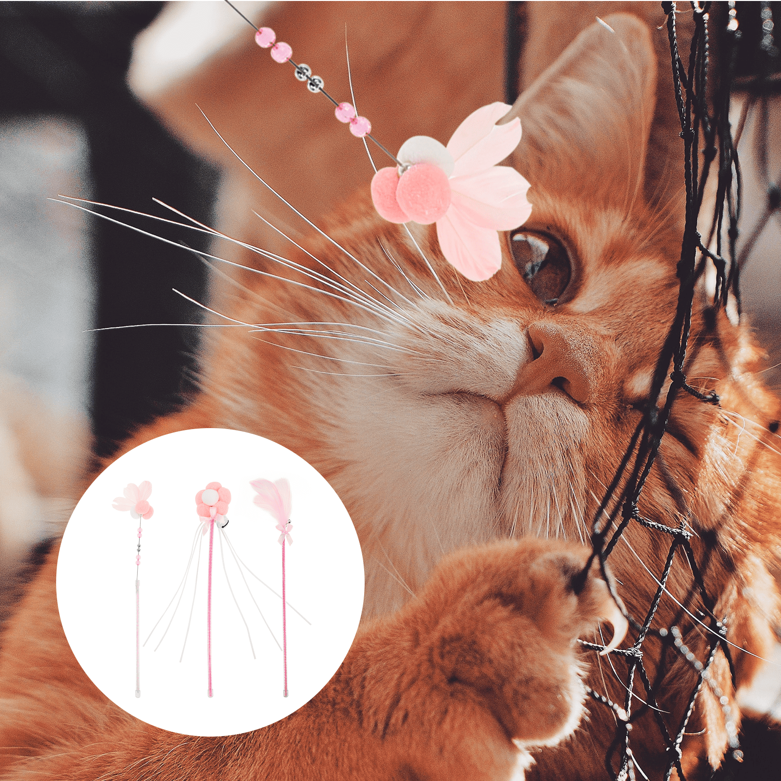 WRITWAA 3Pcs Pink Cat Feather Teaser Stick with Non Slip PVC Handle for Pet Playing