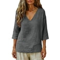 thumbnail image 4 of Linen Shirts for Women V Neck Cotton Linen 3/4 Sleeve Tops for Casual Dressy Summer Outfits Dark Gray M, 4 of 7