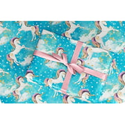 Unicorn Wrapping Paper Blue Vintage Style 30x84" sheet