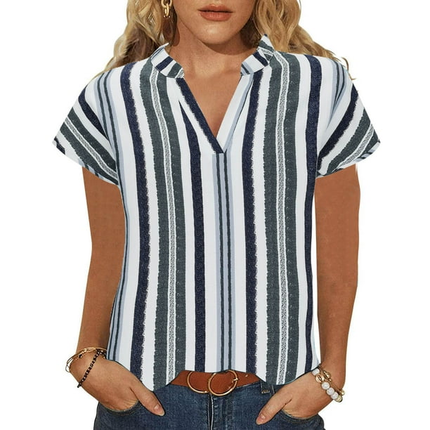 Camisetas de Manga Corta para las Mujeres Moda Casual Rayas Impreso Hombro a Mangas Cuello en V