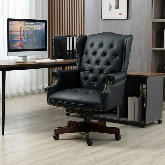 Executive Office Chair, High Back Reclining Desk Chair, PU Leather Computer Chair with Tufted Back and Nailhead Trim, Ergonomic Desk Chair with Smooth Glide Caster Wheels for Home Office, Black PU