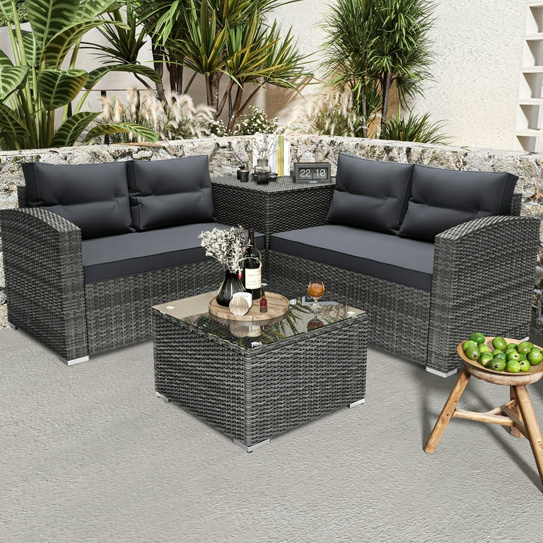 Seizeen Outdoor Patio Furniture Sets Wicker Sectional Sofa PE Rattan Conversation Sets with Gray Cushions Corner Storage Box Center Table