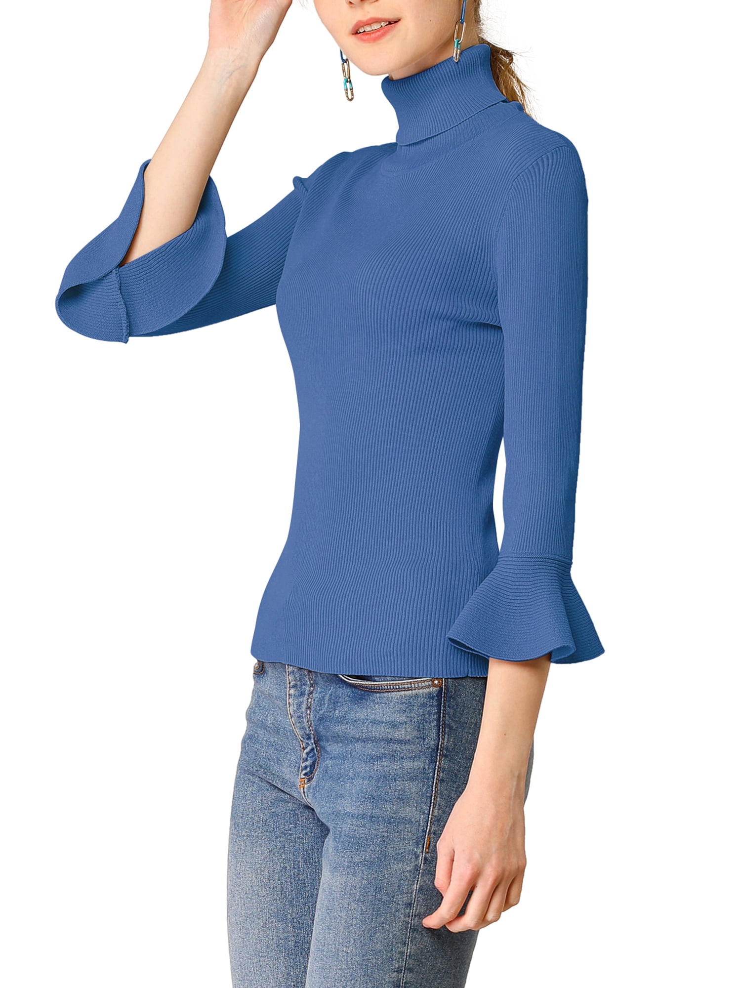DARING DIVA Women's Ruffle Sleeves Pullover Knit Turtleneck Sweater XL Blue