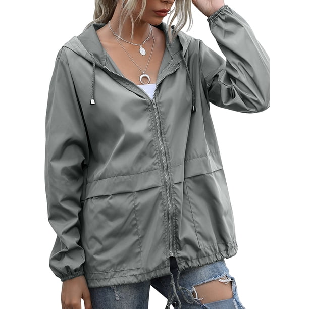 Qarigey Chubasquero ligero para mujer, impermeable, con capucha, cortavientos para exteriores, plegable, para senderismo, Camping, trajes para mujer Prendas para la parte del cuerpo Gris claro SG