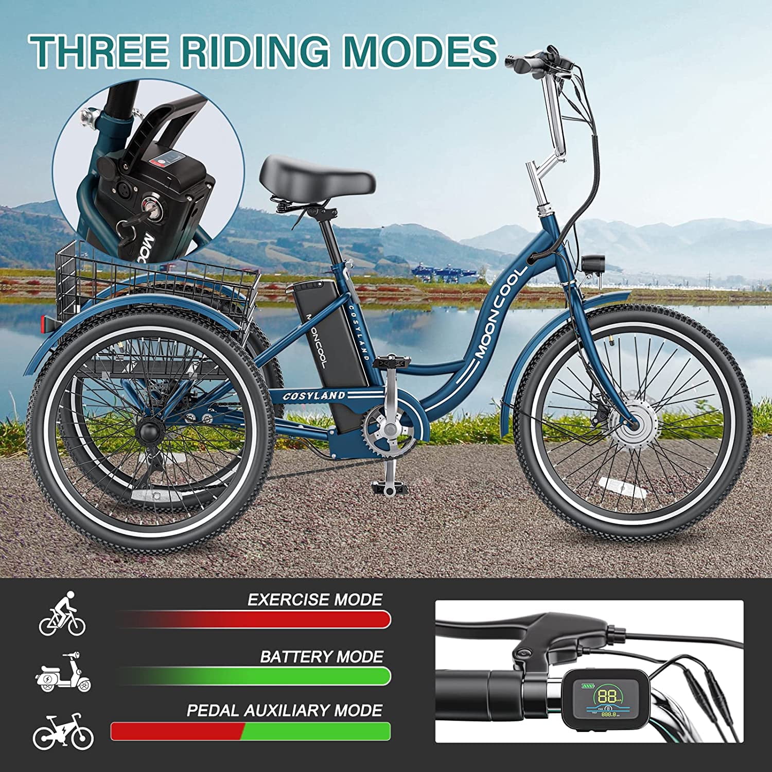 Lilypelle 24" 26" 3 Wheel Electric Tricycle for Adults, 350W 36V 7 Speeds Motorized Electric Trike Three Wheel Electric Bikes Bicycle with Large Basket for Women Men