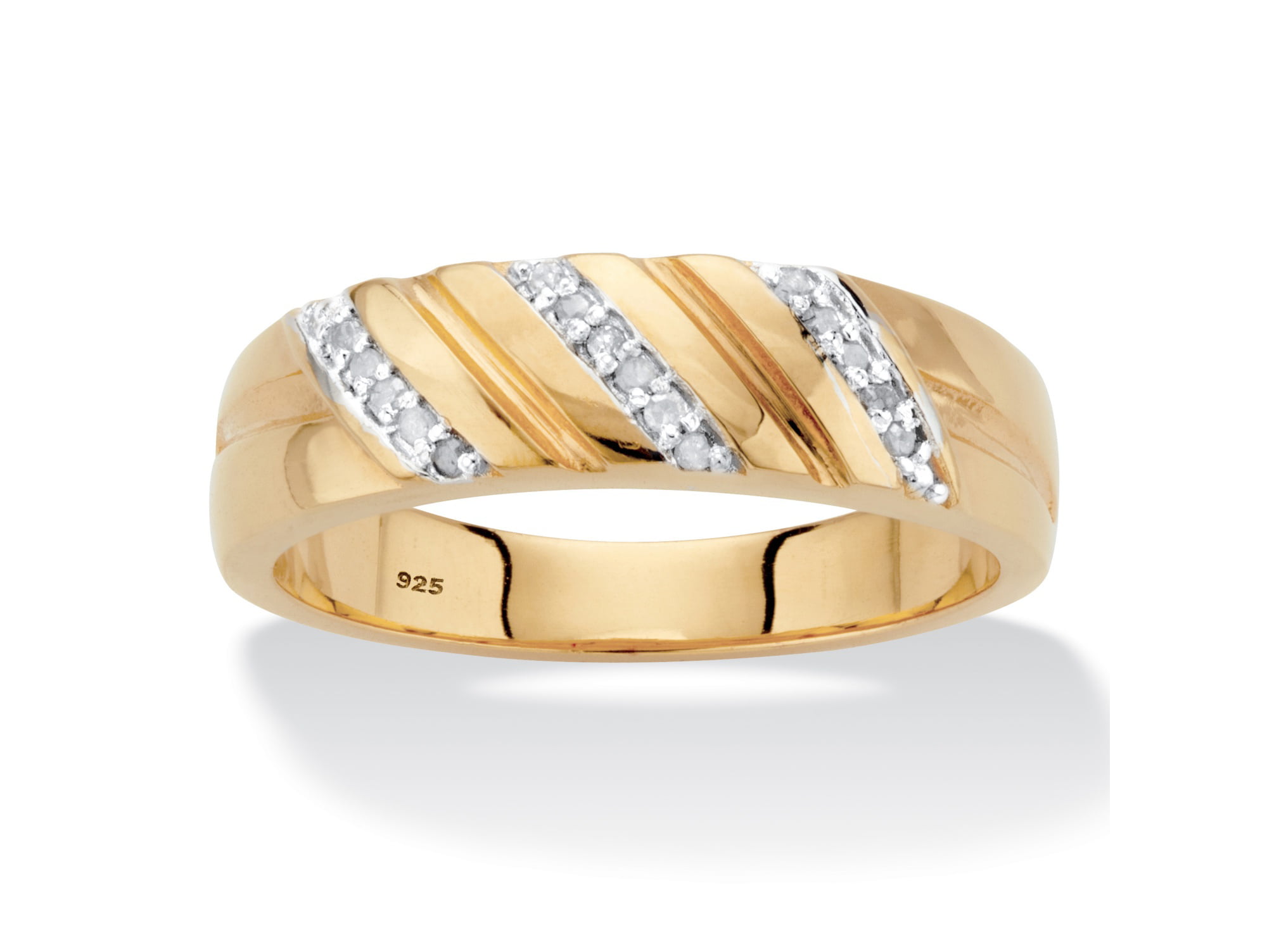 Mens 18K Yellow Gold over Sterling Silver Round Cubic Zirconia Diagonal Two Tone Wedding Band Ring