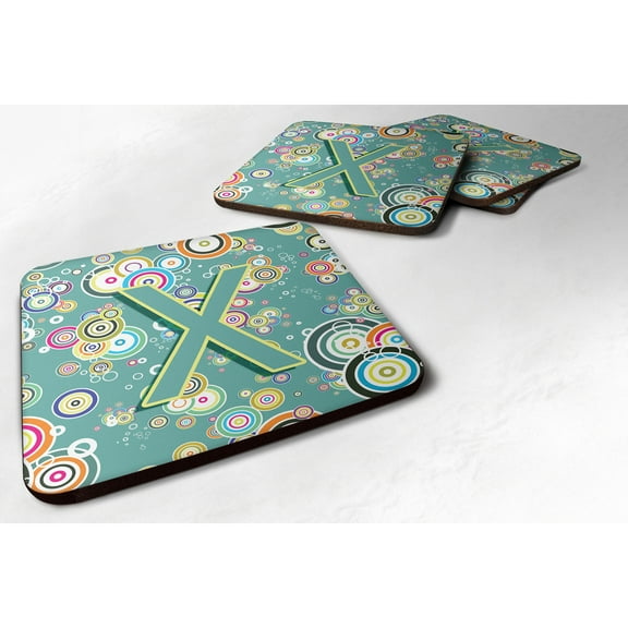 Letter X Circle Circle Teal Initial Alphabet Foam Coaster Set of 4