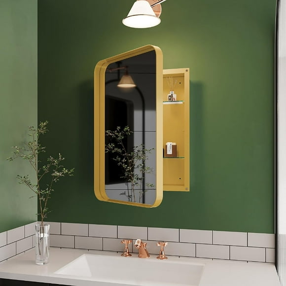 16x24 Inch Recessed or Surface-Mounted Matte Gold Metal Framed Medicine Cabinet with Adjustable Shelves, Circular Groove Mirror, and High-Definition Reflection – Modern Bathroom Storage Solution