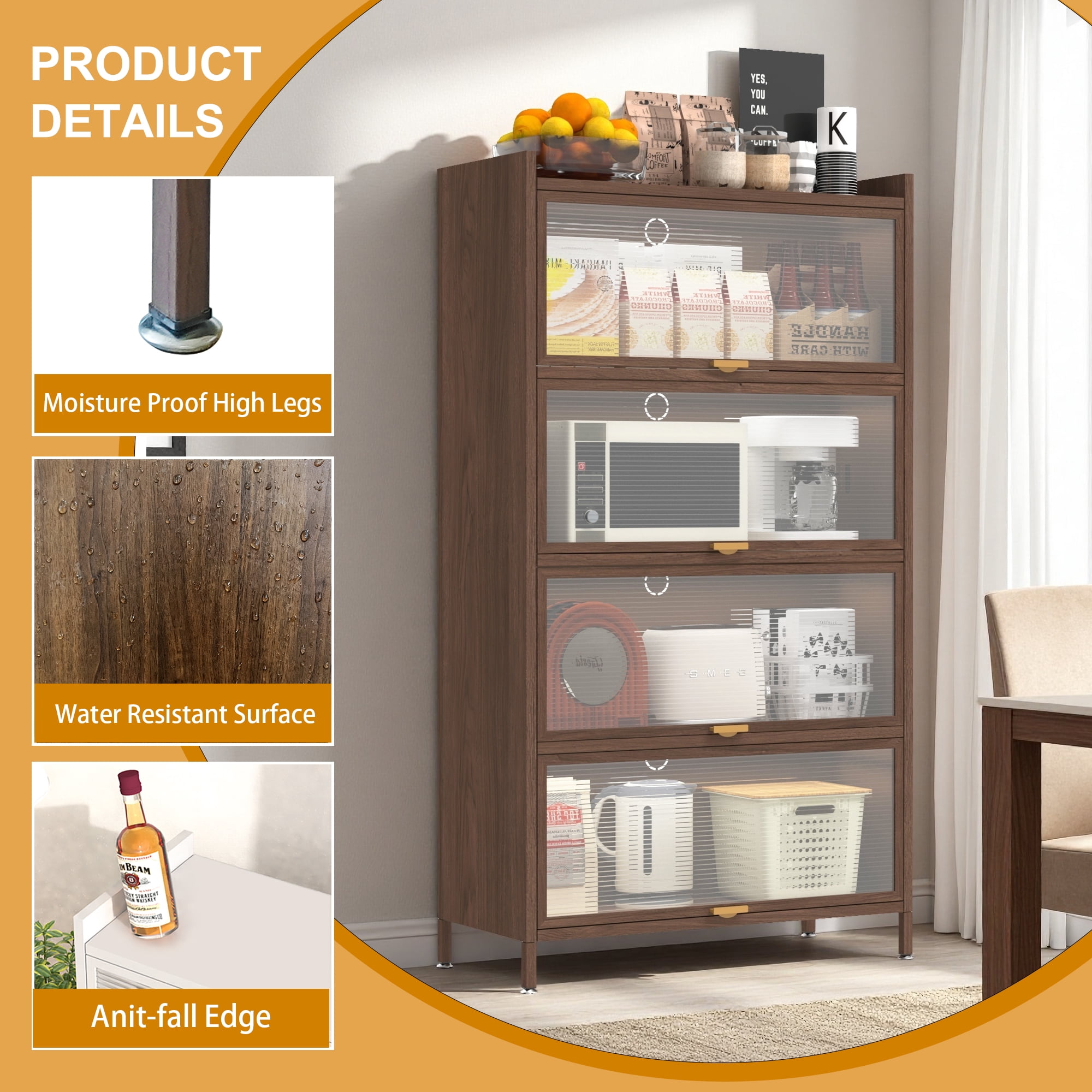 Mintazer Metal Pantry Cabinet, Storage Cabinet with 4 Flip Doors for Kitchen, Living Room, Dining Room, Office, Brown