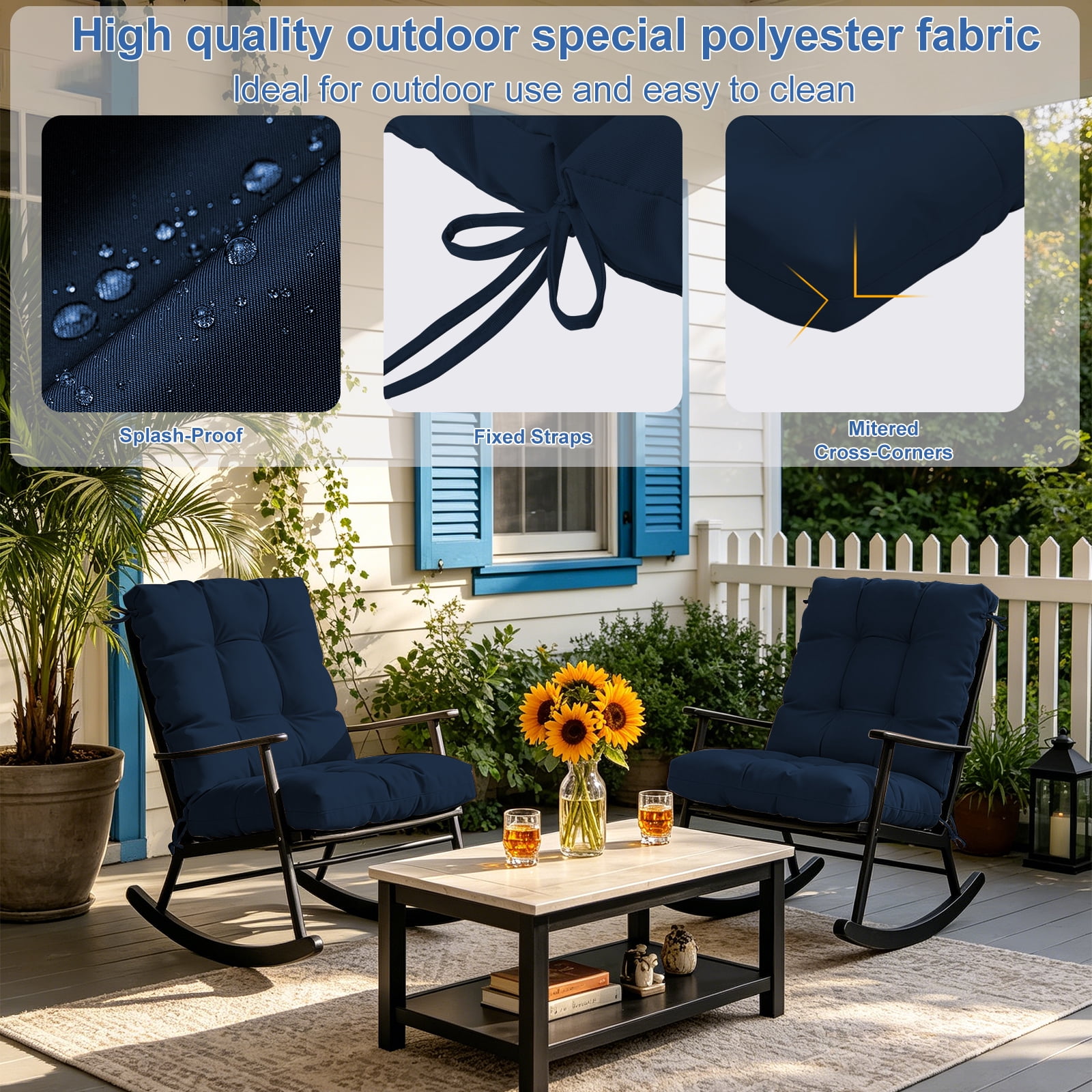 2-Pack 42"x21"x4" Outdoor Chair Cushions, High Back Soft Seat Pad with Ties, Fade-Resistant & Waterproof for Patio Dining/Rocking Chairs, Indoor/Outdoor Use,Navy Blue