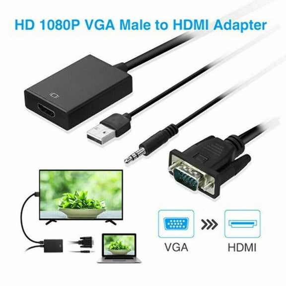 1 Pack VGA To HDMI Converter 1080P HD Adapter With Audio Cable For HDTV PC Laptop TV DVD Black