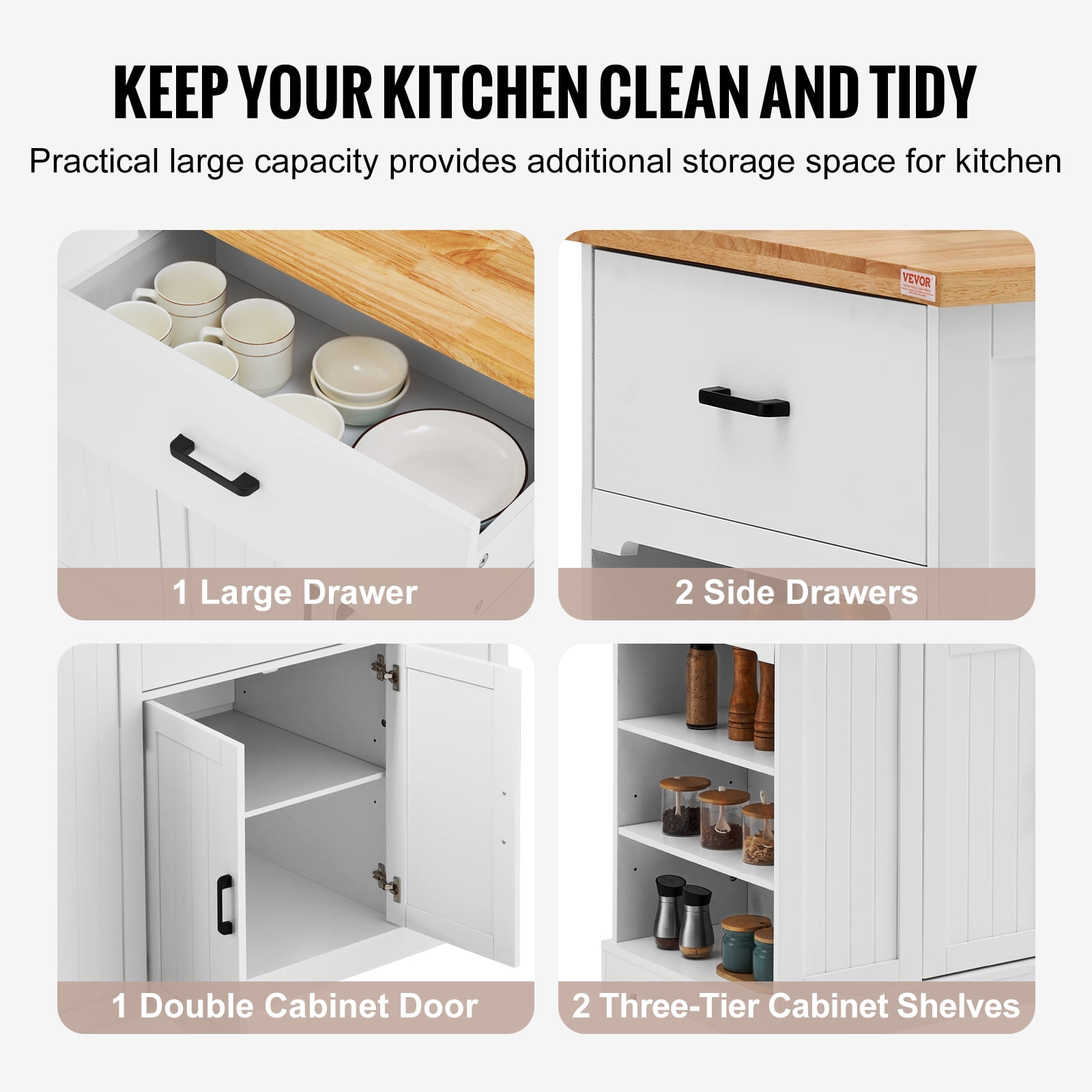 VEVOR Kitchen Island Cart, 46" Wood Top Breakfast Bar with Storage Cabinet, Farmhouse Kitchen Table with Adjustable Shelf, Drawer, for Dining Kitchen Living Room, White