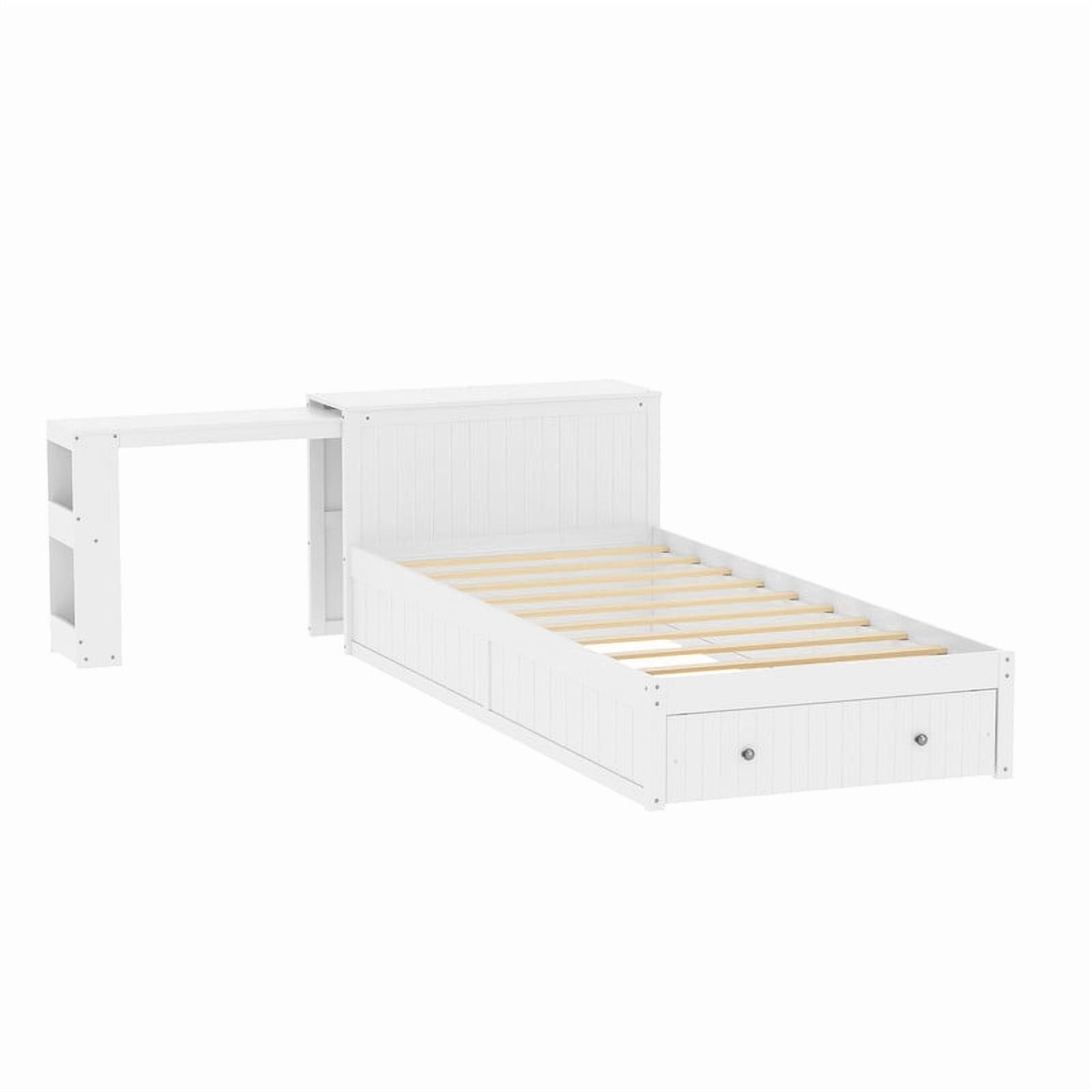 Twin Size Platform Bed with Pull-Out Hidden Desk, Wood Storage Bed Frame with Headboard Shelving & Footboard Drawer