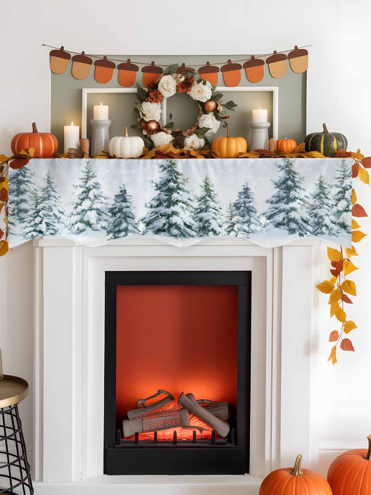 Christmas Tree Fireplace Mantle Scarf Winter Snow Scene Pine Trees Forest Farmhouse Mantel Cover Runner Fireplace Cloth for Holiday Party Home Living Room Decor 90 x 17 Inch