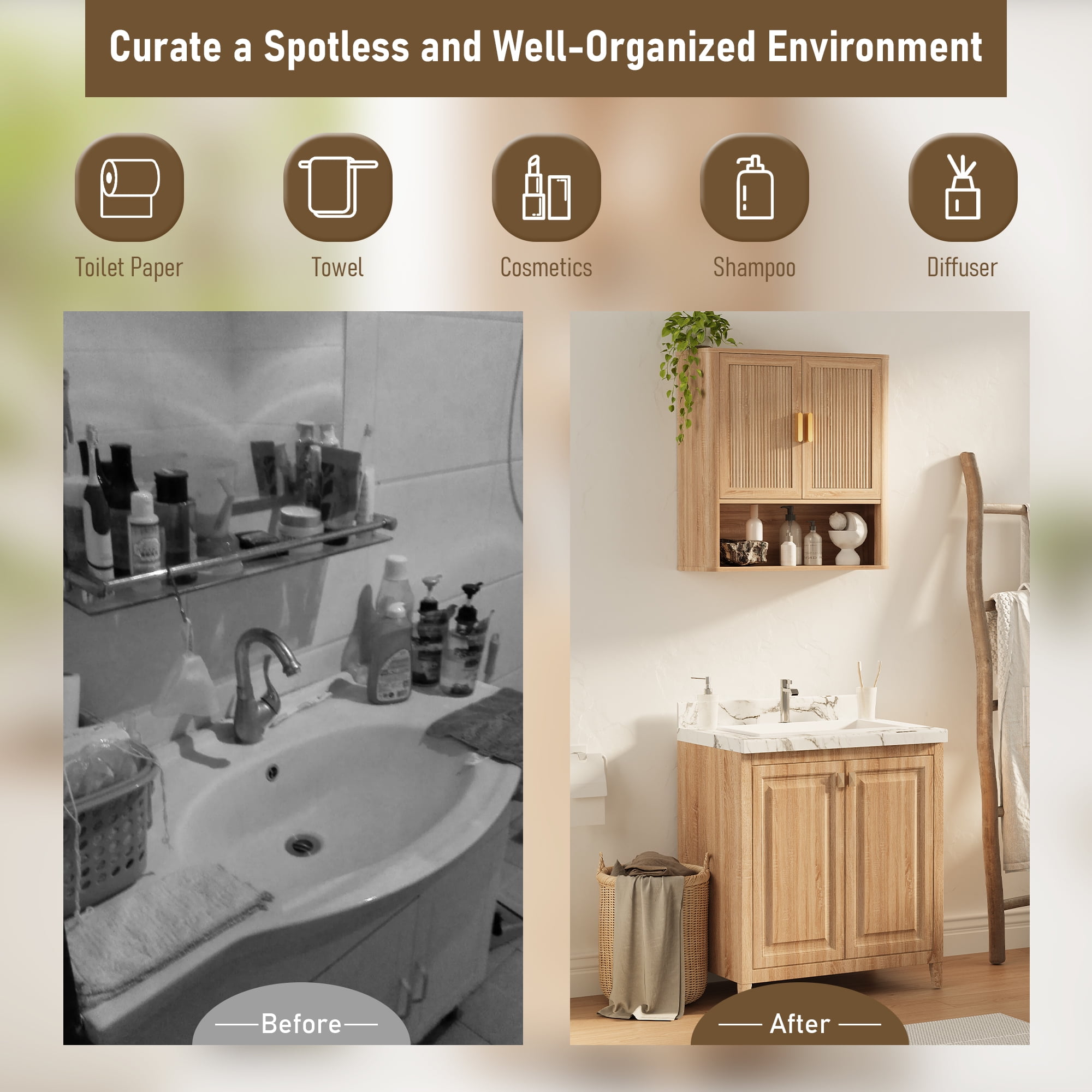 Bathroom Storage Cabinet with Adjustable Shelves, Over The Toilet Organizer for Laundry Room, Kitchen & Living Room, Medicine Cabinet with Wood Doors Natural Wood