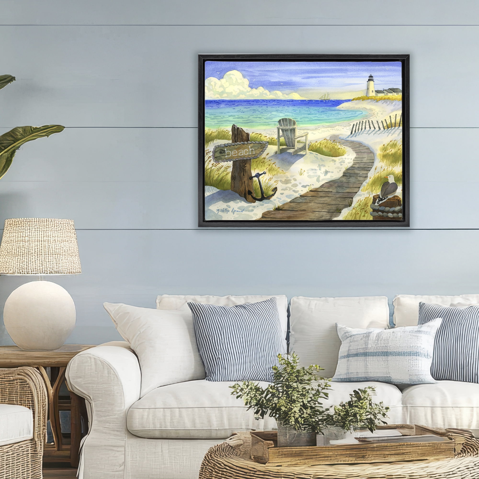 Stupell Industries Boardwalk To The Lighthouse Black Framed Floater Canvas Wall Art, design by Robin Altman