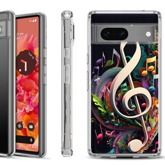 Shockproof Phone Case for Google Pixel 8a 5G, Hybrid Case Cover, by OneToughShield - Music Notes Colorful
